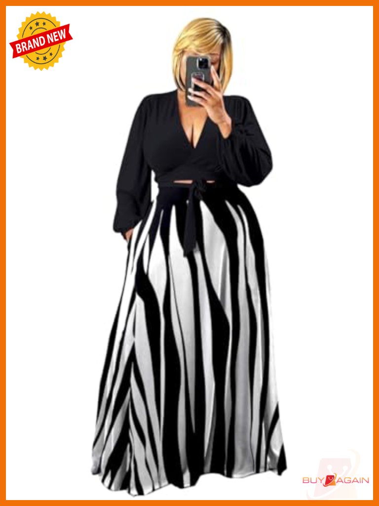 Plus Size 2 Piece Outfits Long Sleeve Crop Top Maxi Dress Matching Sets